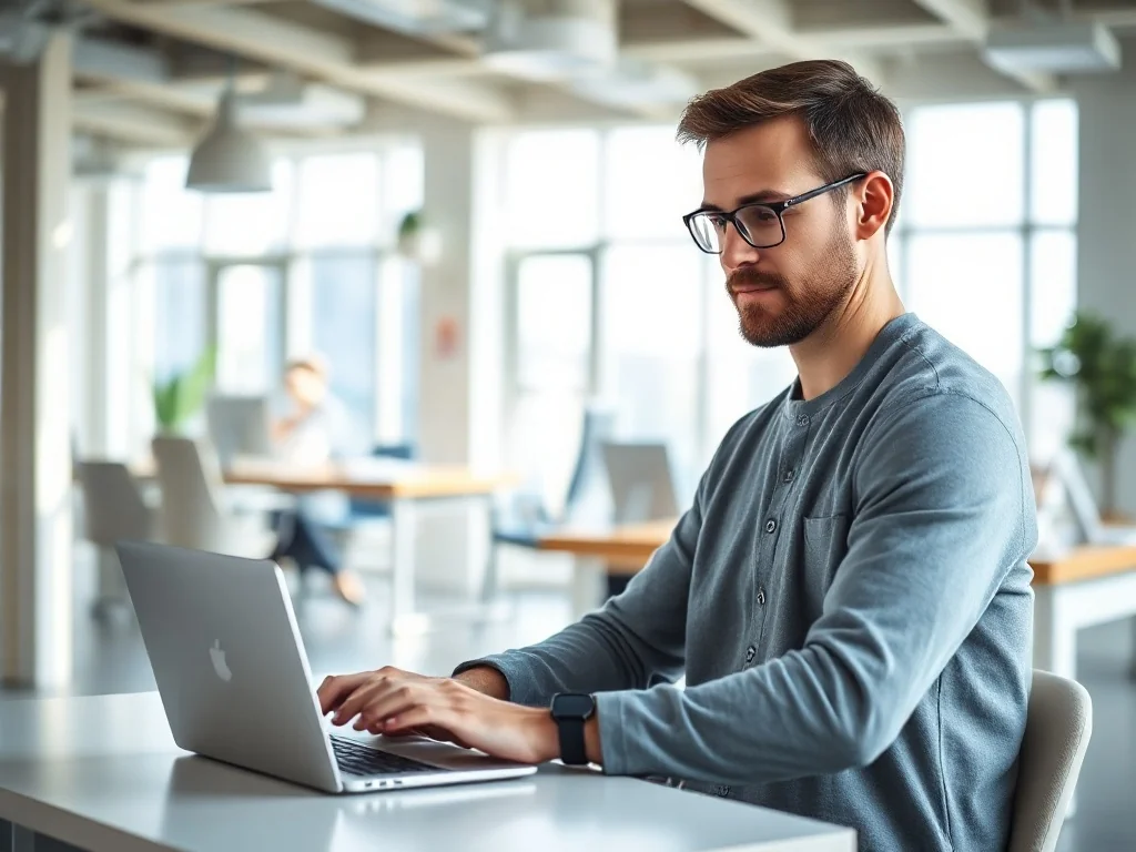 Mężczyzna pracujący przy laptopie w nowoczesnym, jasnym biurze typu open space, symbolizujący środowisko pracy startupu.