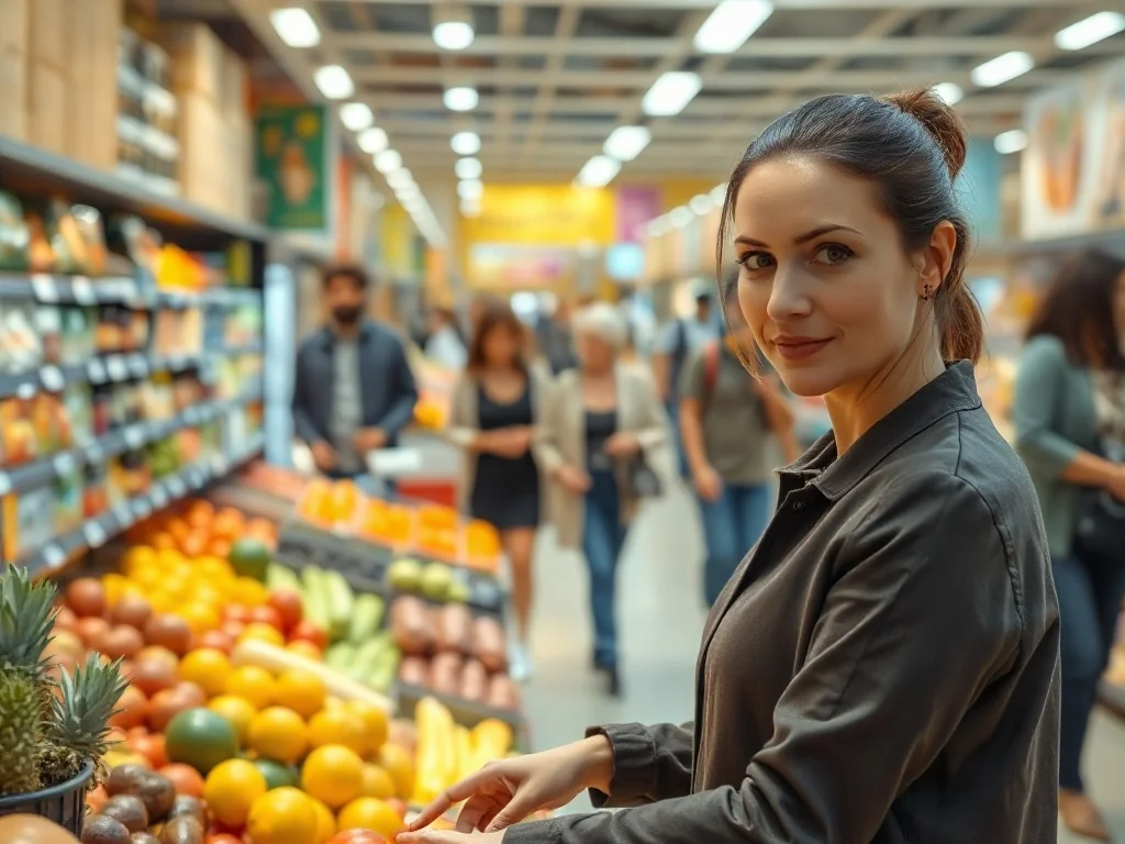 Klientka wybiera świeże produkty w nowoczesnym sklepie detalicznym z uporządkowanymi alejkami.
